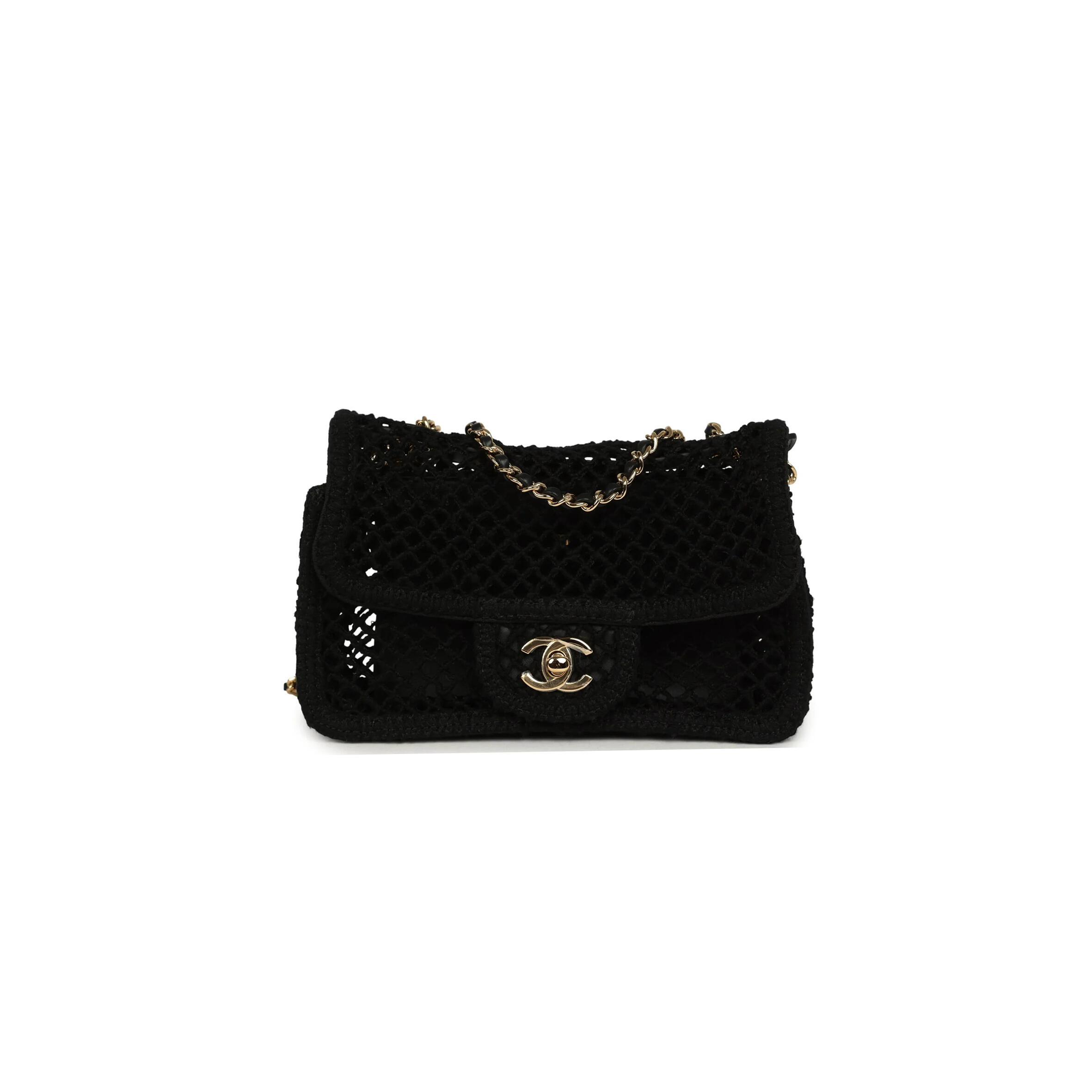 CHANEL SMALL COCO BEACH MACRAME FLAP BAG BLACK MESH GOLD HARDWARE AS6156 (21*14*6cm)